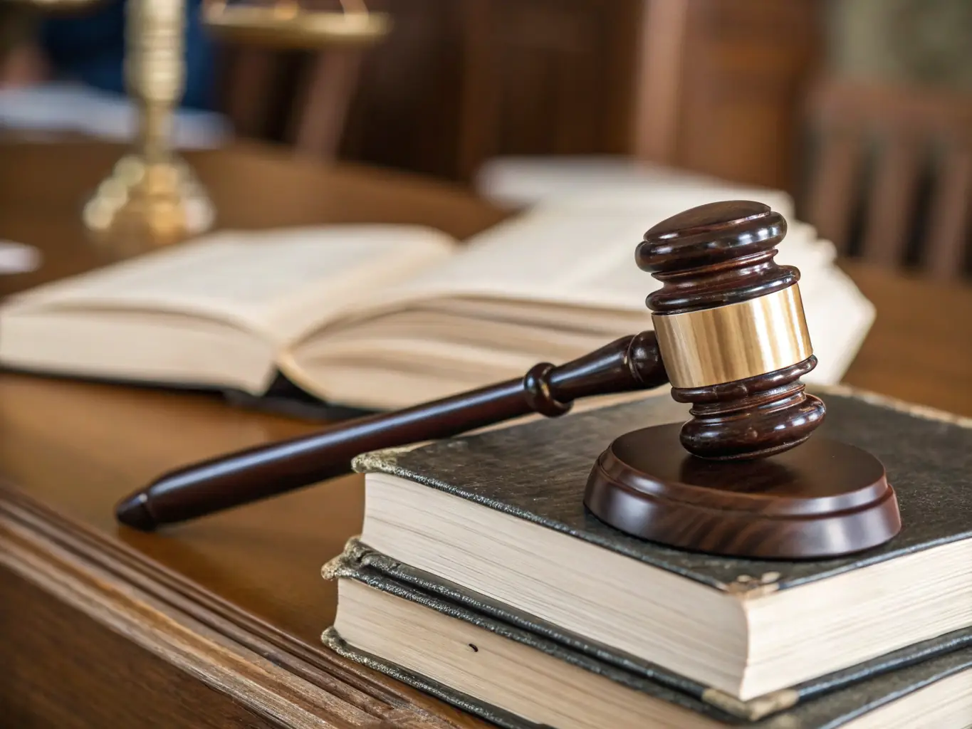 A gavel resting on a stack of legal documents in a courtroom setting, representing Smarty Counsel's commitment to compliance and adherence to legal standards during liquidation.
