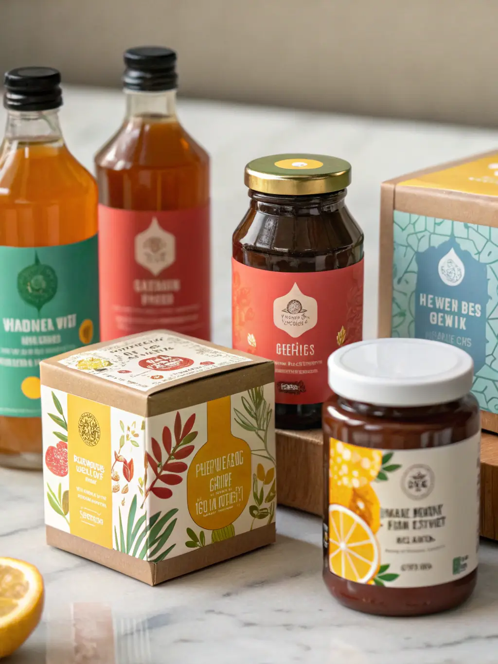 A diverse range of product samples (cosmetics, food supplements, detergents) neatly arranged, symbolizing Smarty Counsel's broad expertise.