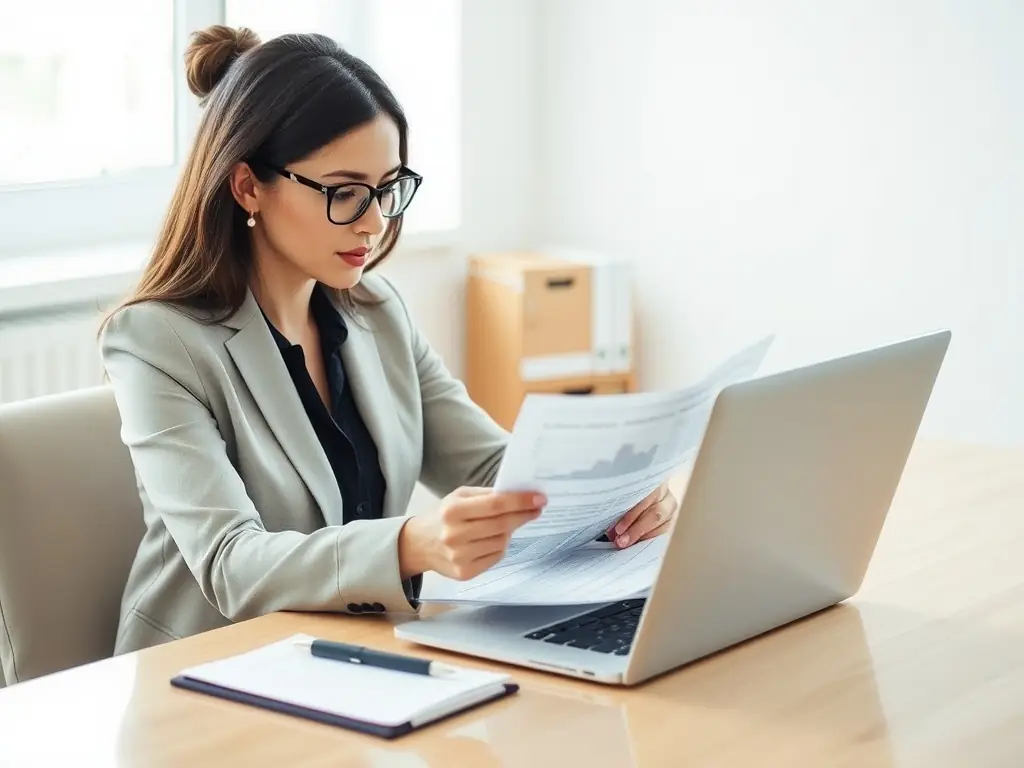 A professional accountant at Smarty Counsel is reviewing financial documents and using accounting software on a desktop computer in a modern office setting, symbolizing their expert guidance in liquidation processes.